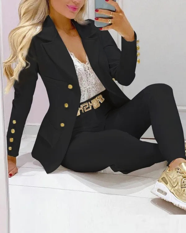 Casual Solid Suit Coat Pants Set Office Lady Autumn Fashion Elegant Long Sleeve Top Trousers Two Piece Set Women Outfit 2023 - Seprincess