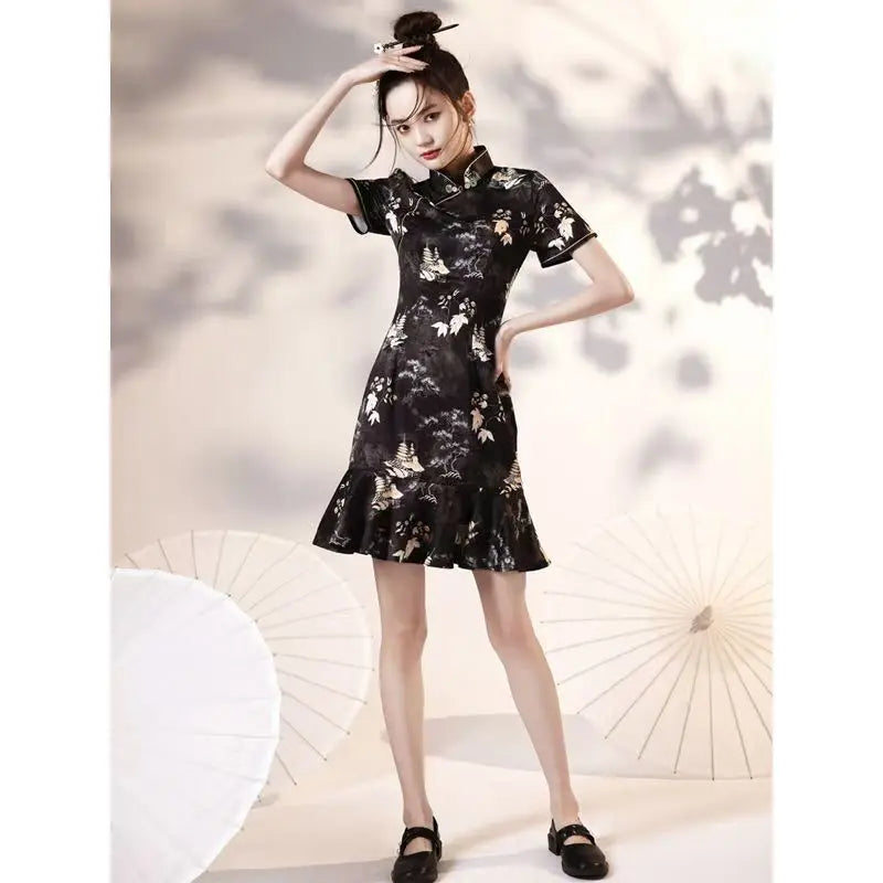 Black Evening Gown Wedding Modern Chinese Cheongsam Dress Stretch Plus Size Chipao 2XL Sexy Traditional Vintage Qipao - Seprincess