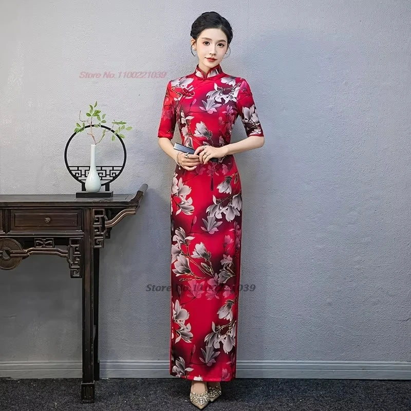 2024 chinese improved qipao vintage stage dress cheongsam national flower print formal qipao oriental banquet evening dress - Seprincess