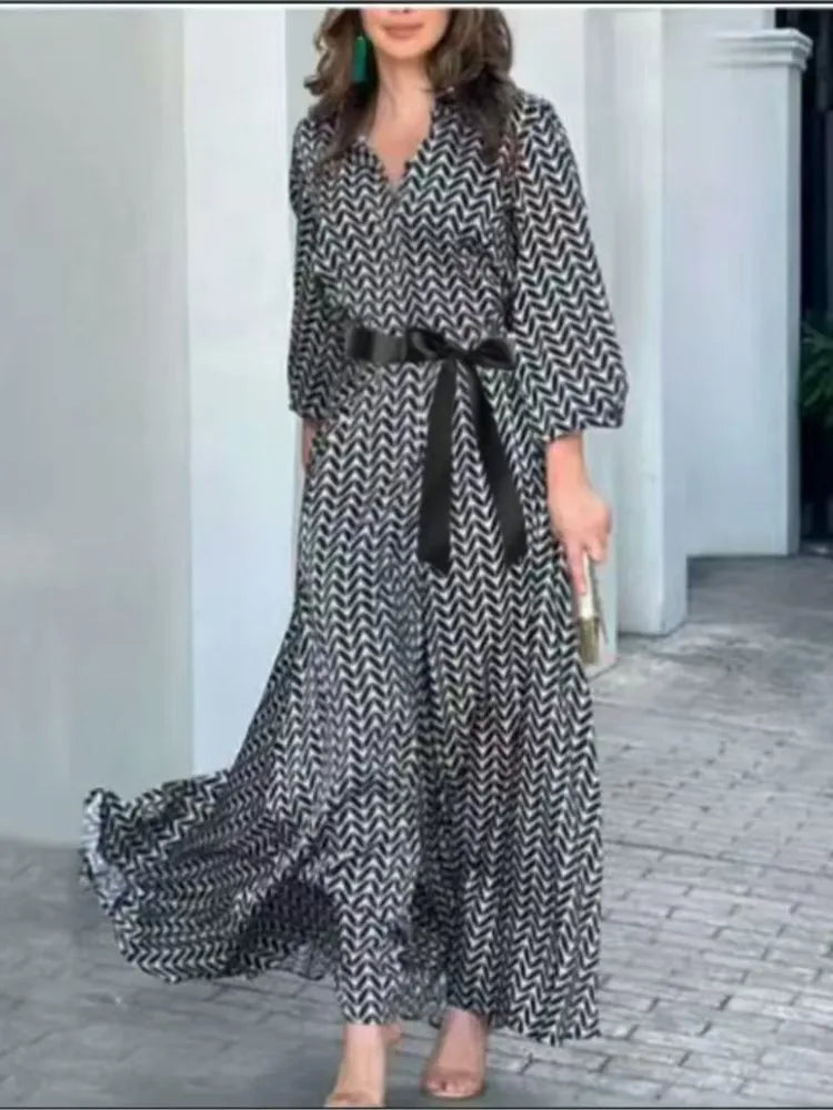 2024 New Spring Autumn Elegant Dress Women Black White Printed Vintage V Neck Fashion Leisure Gathering Women Slim Long Dresses - Seprincess