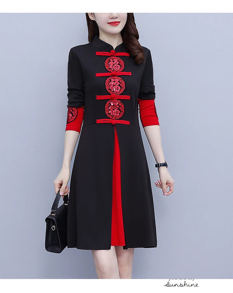 Women's Autumn New Red Festive Dress Slim Retro Improved Cheongsam Chinese Traditional Qipao Dress Plus Size M-5XL - Seprincess