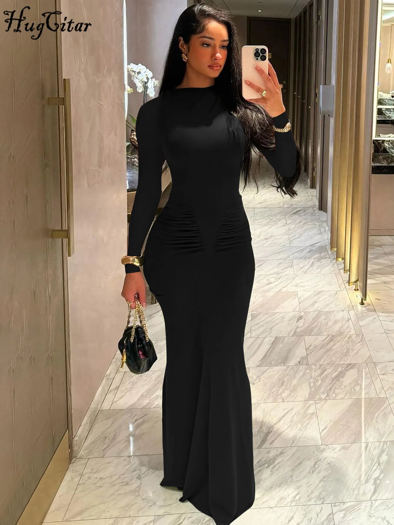 Hugcitar 2024 Autumn Solid Long Sleeve Draped Sexy Bodycon Maxi Prom Dress Women Fashion Y2K Outfits Evening Party Festival - Seprincess