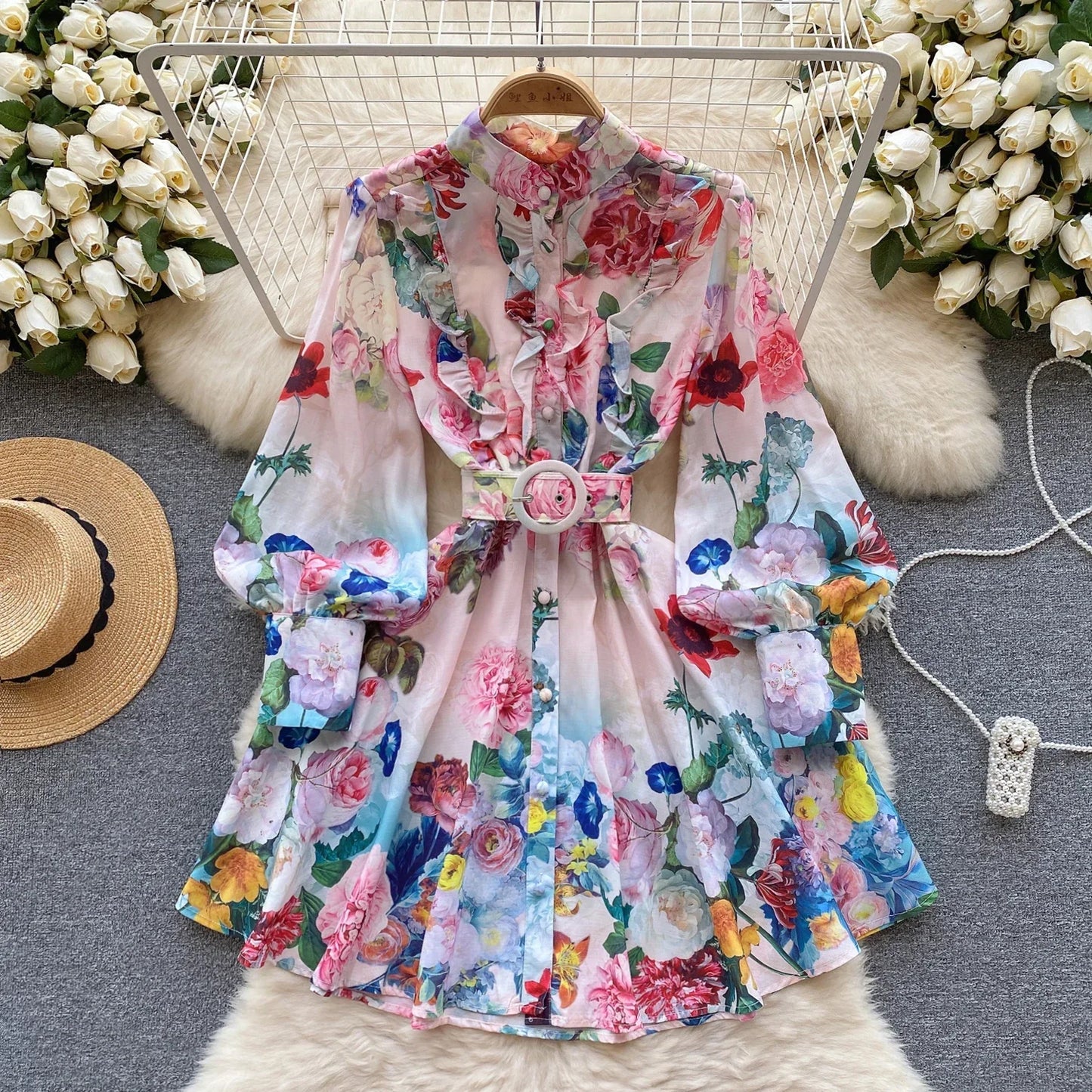 Print Belt Lantern Long Sleeve Patchwork Single Breasted Dress A-line Casual Women Fashion Autumn Spring Vestidos Short Dress - Seprincess