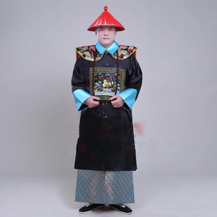 Ancient Black Military Official Civil Official Uniform Qing Dynasty Ancient Clothes Men's Cheongsam Sent Hat Buddha Beads Shawl - Seprincess