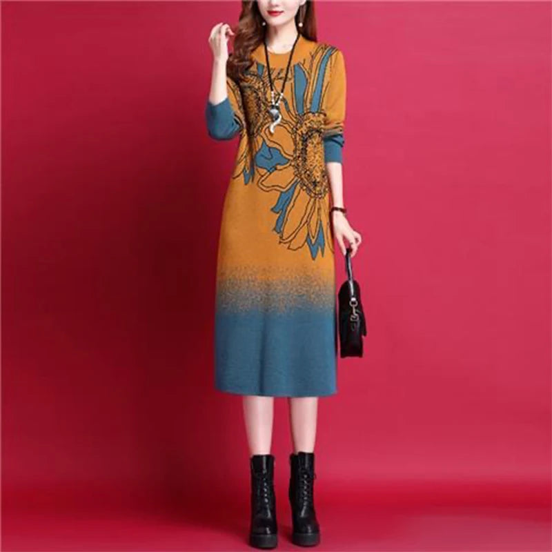 Office Lady Korean Fashion Knitted Dresses 2023 New Winter Slim Wool Elegant Jacquard Sweater Dress - Seprincess