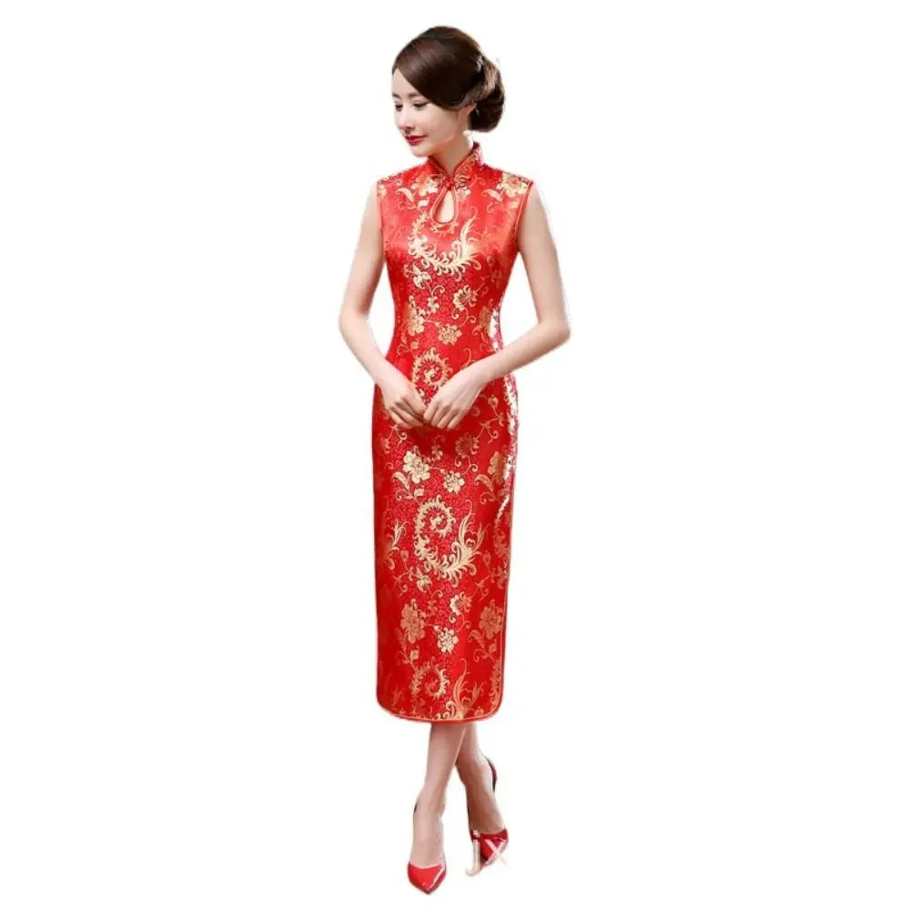 Floral Print Cheongsam Dresses Mandarin Collar Vintage Bodycon Dresses Maxi Chinese Style Chinese Qipao Evening Dress - Seprincess