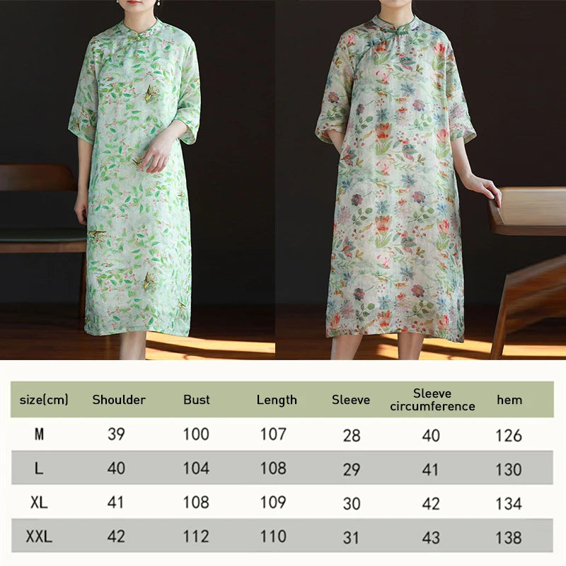 New Chinese Style Lady Cheongsam Qipao Summer Ethnic Elegant Floral Ramie Long Dress Standing Collar Retro Improved Qipao - Seprincess