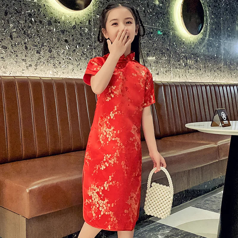 Classical Chinese Style Qipao Children Cheongsam Silk Brocade Princess Dress Baby Girl Print Cheongsams Handmade Button Clothing - Seprincess