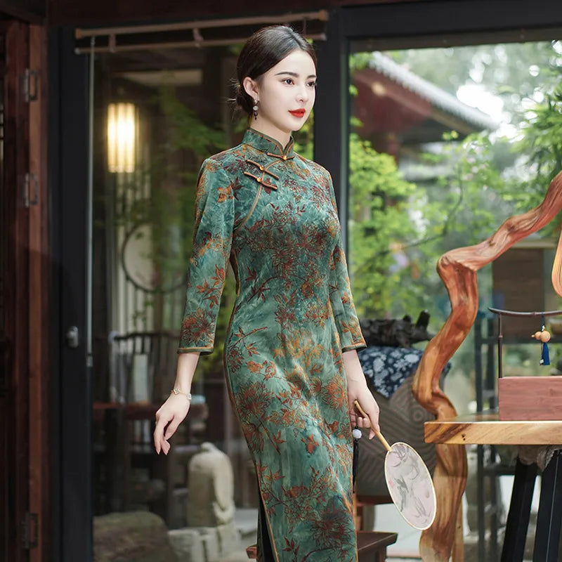 New 5 Color Women Cheongsam Improved Winter Plus Size Dress Chinese Traditional Evening Dresses Long Qipao Costume - Seprincess