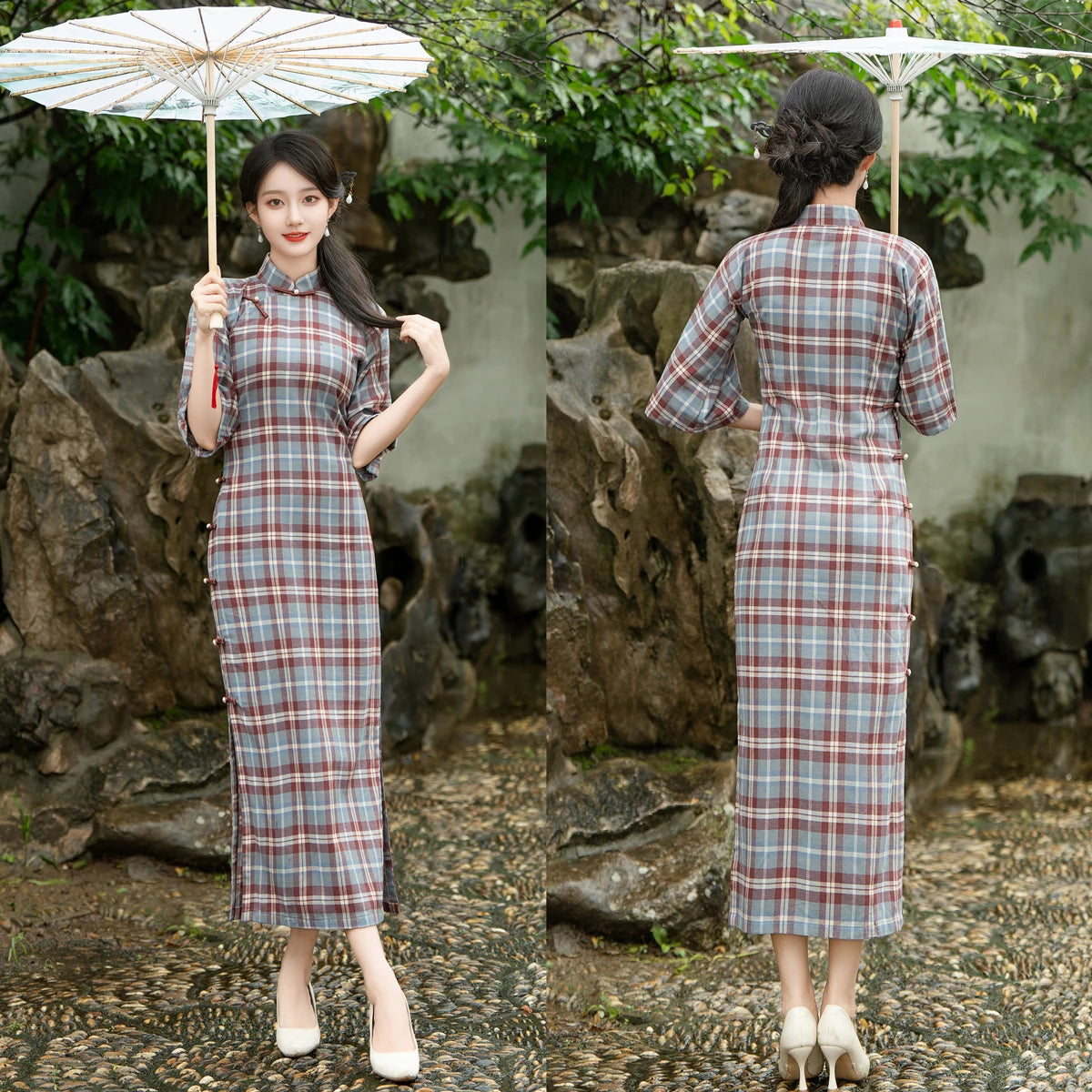 2024 Chinese Vintage Plaid Dress Women Plus Size Cheongsam 100% Cotton Qipao Long Improve Traditional Dresses 23622 - Seprincess