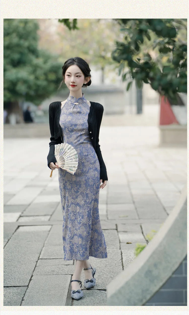 Women Print Flower Long Qipao Traditional Chinese Mandarin Collar Cheongsam Summer Sexy Sleeveless Split Dress Elegant Vestidos - Seprincess