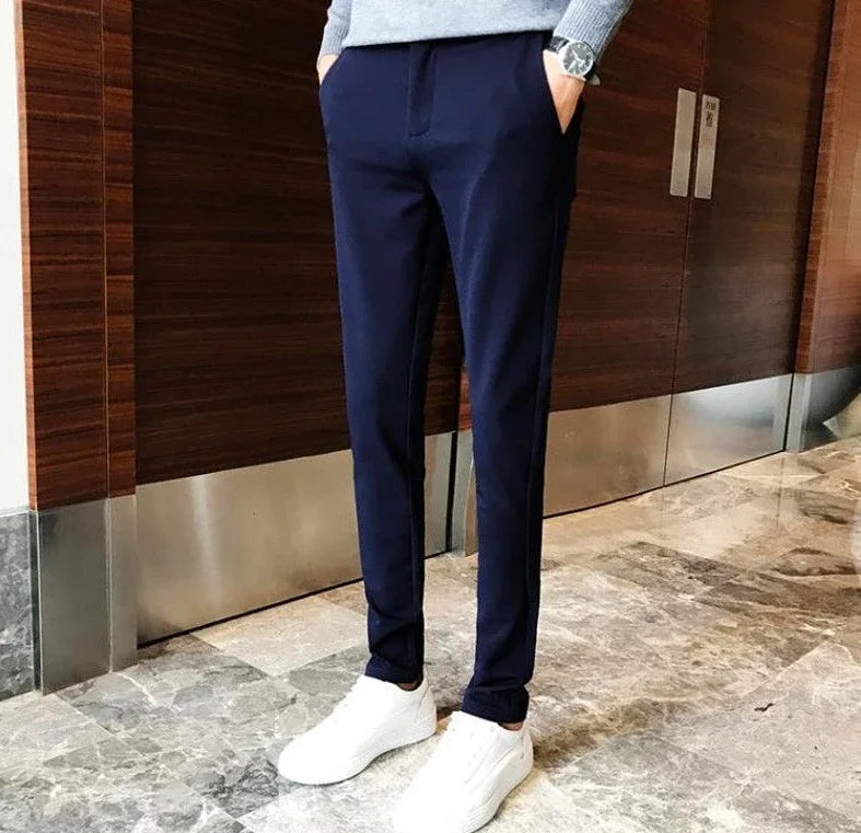 Elastic Business Tressed Male Suit Trousers 9 Cropped Fluid Stretch Social Tailoring Men's Summer Pants Draped Slim Fit Fabric