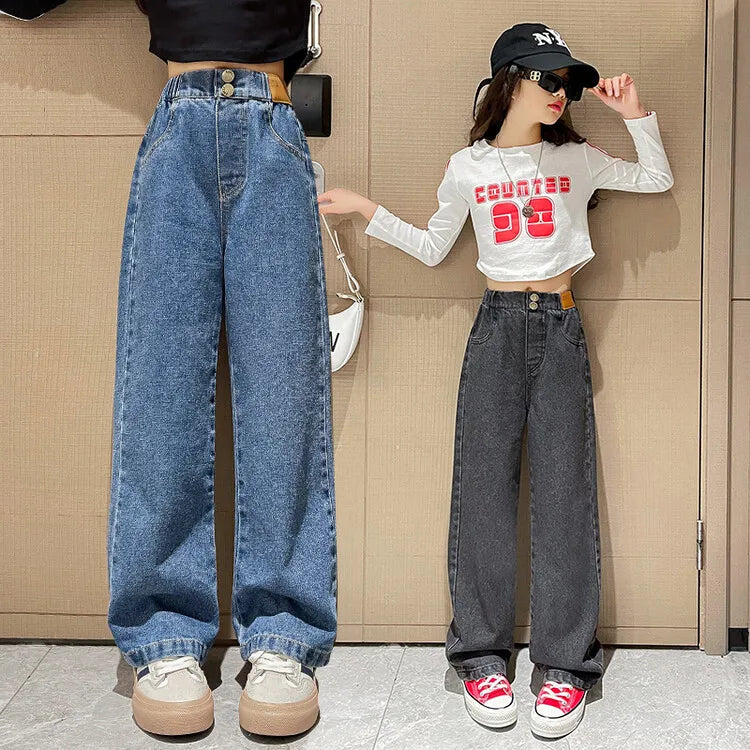 Girls' Loose Jeans For Autumn And Winter, Girls Aged 6 to 14, Loose Straight-leg Pants, Girls' Sherpa Fabric Warm Pants.