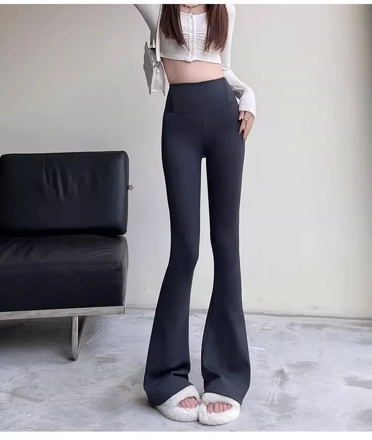 2024 New Autumn and Winter Shark Flared Pants Women's Wear High Waist Skinny Elastic Yoga Fleece Leggings