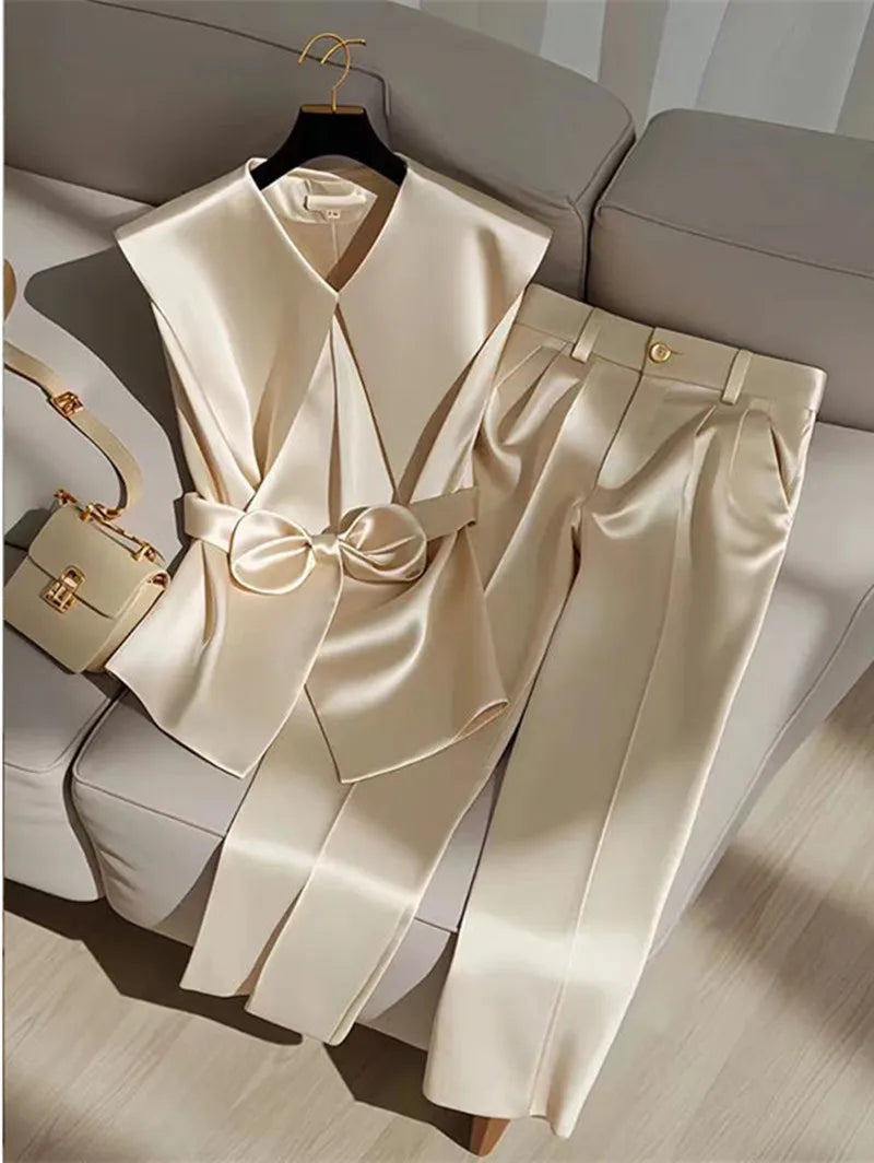 Fashion Satin Celebrity Outfits Elegant OL Peter Pan Collar Bow Sleeveless Vest + High Waist Wide Leg Pants Two Piece Set 376P - Seprincess