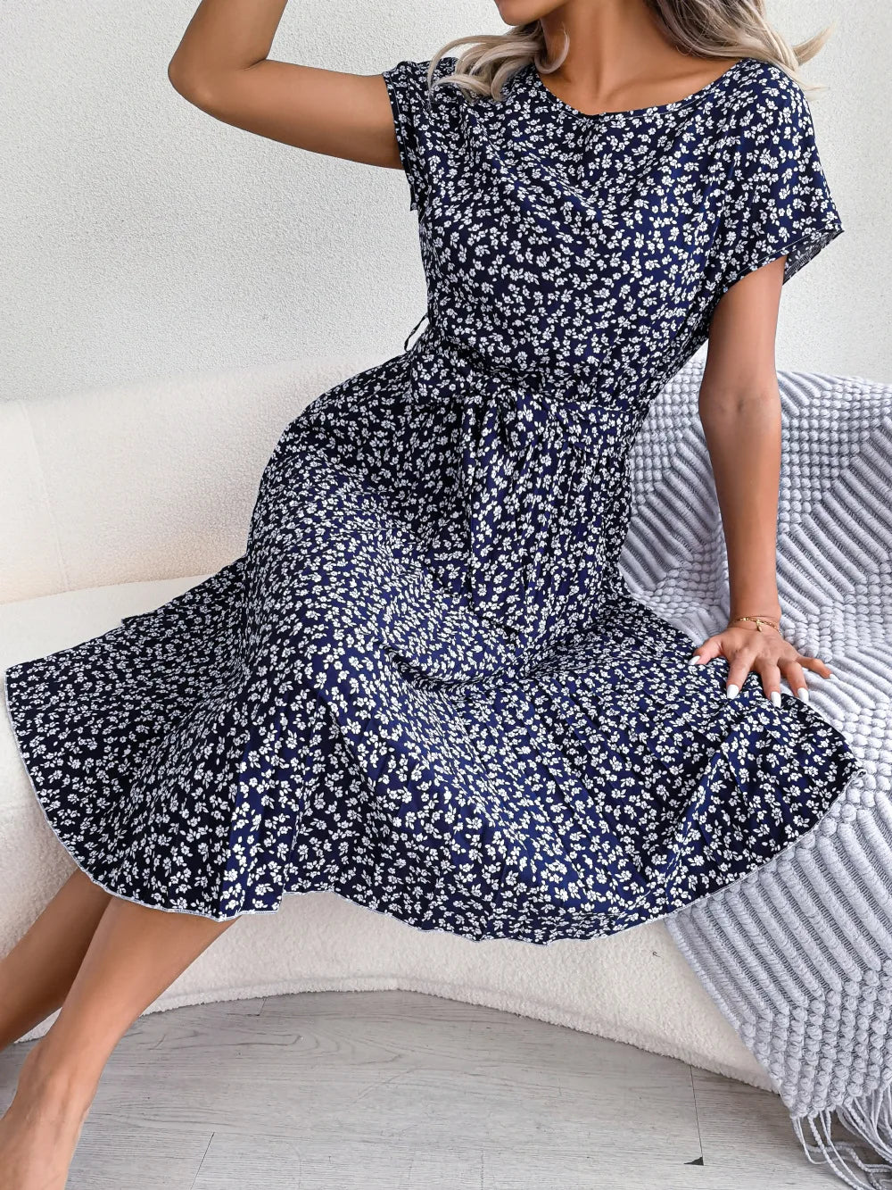 Women Spring Summer Short Sleeve High Waist Chic Dress Fashion Floral Pleated A Line Long Dress