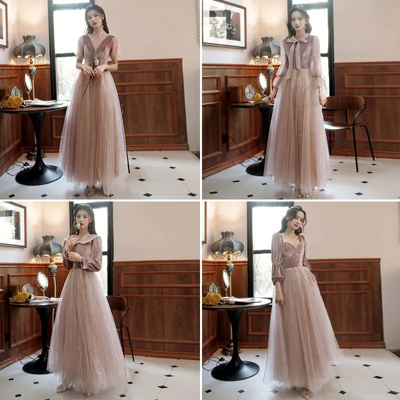 2022 New 4 Styles Bridesmaid Dress Bow Retro Elegant Long-sleeved Chic Temperament Long Evening Dress For Wedding Women Guest - Seprincess