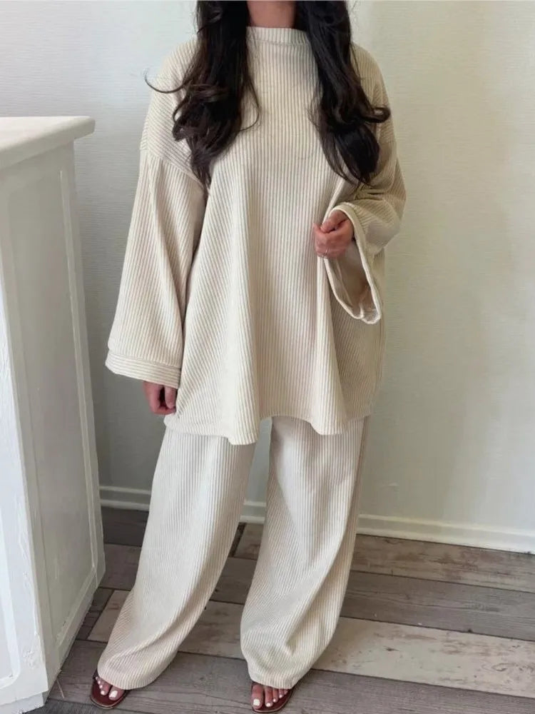 Autumn Winter Solid Color Corduroy Pants Sets Women Loose Long Sleeve Wide Legs Trousers Two Piece Set Female Commuting Clothing - Seprincess