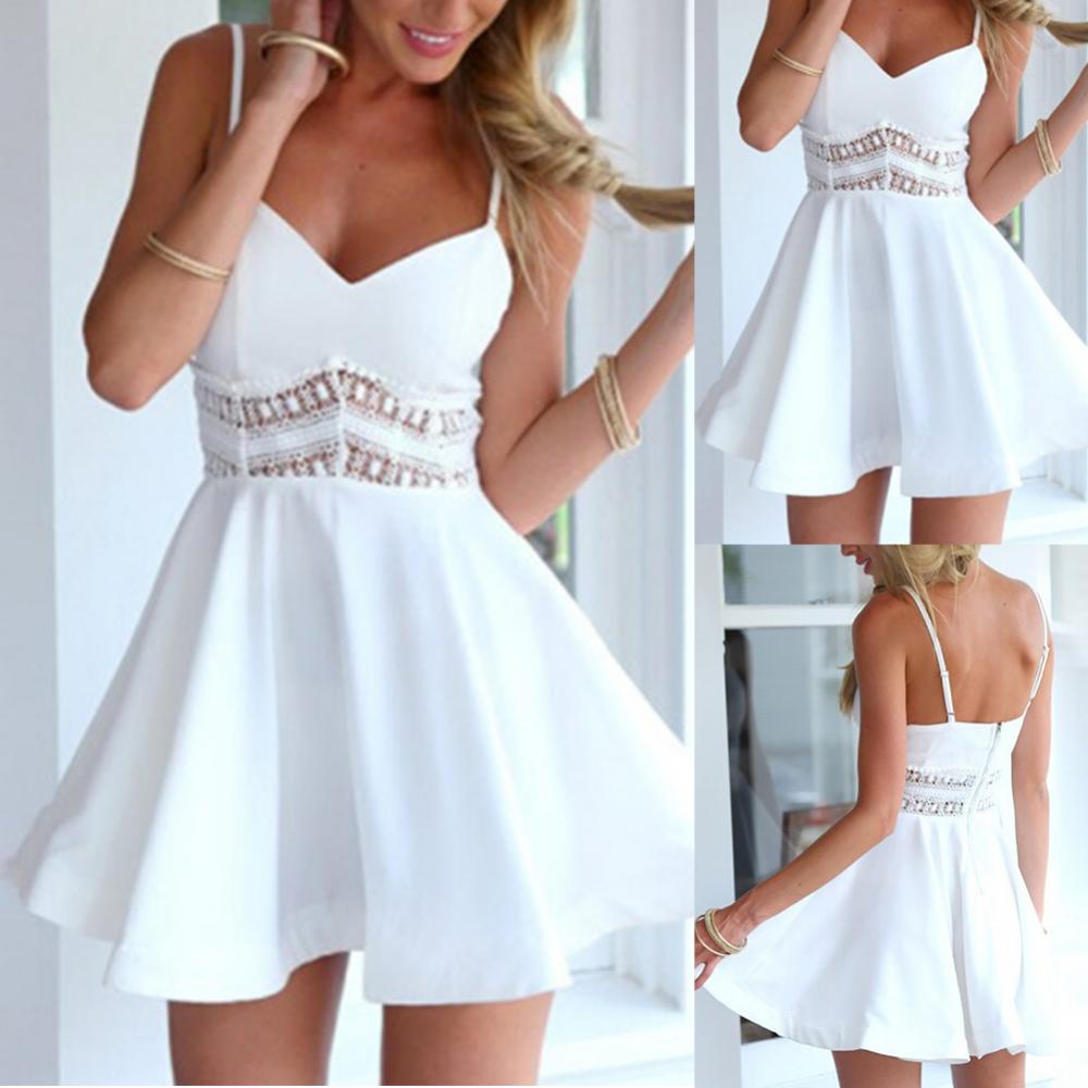 Women Summer Dress Solid Color Crochet Spaghetti Strap V-Neck Backless Tied Braces Short Dress for Girls White - Seprincess