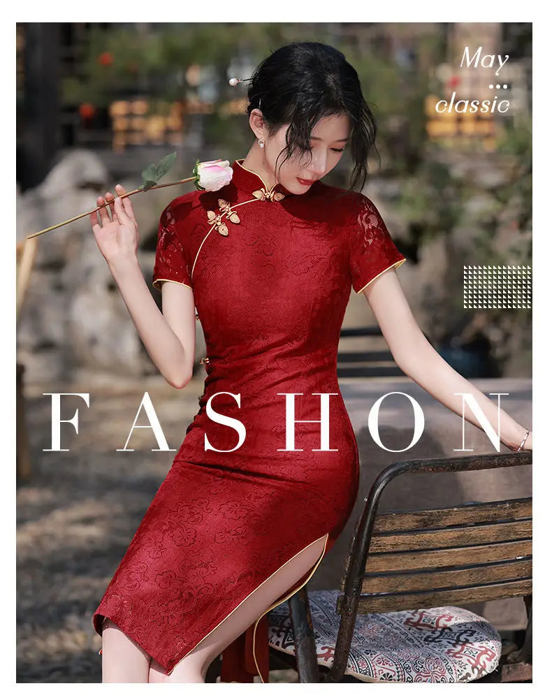 New Arrival Cheongsam Dress Red Jacquard with Improved Design Perfect for Wedding Bridal Party Banquet Dinner - Seprincess