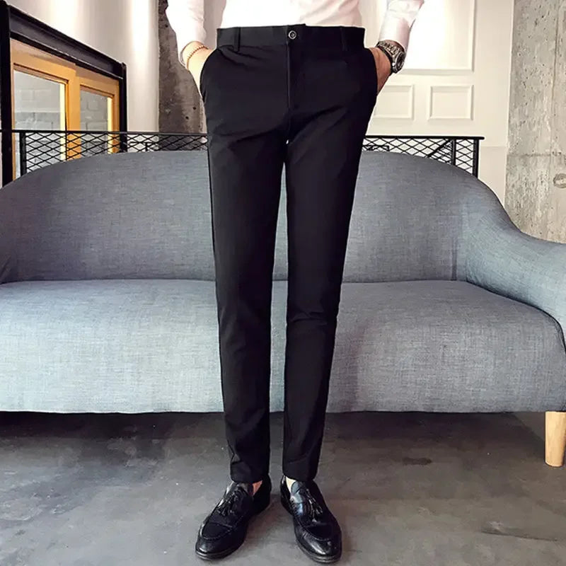 Blue Elastic Man Suits Pants Stretch Trousers for Men Tight Elegant Up Summer 2024 Vintage Cheap Anti-wrinkle Formal Dress Fine