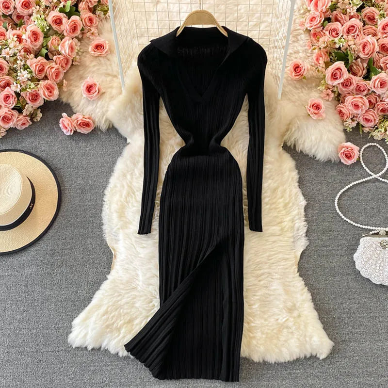 Women Korean Knitted Dress Long Sleeve V Neck Elastic Slim Pencil Dresses 2024 Autumn Sexy Bodycon Split Sweater Dress