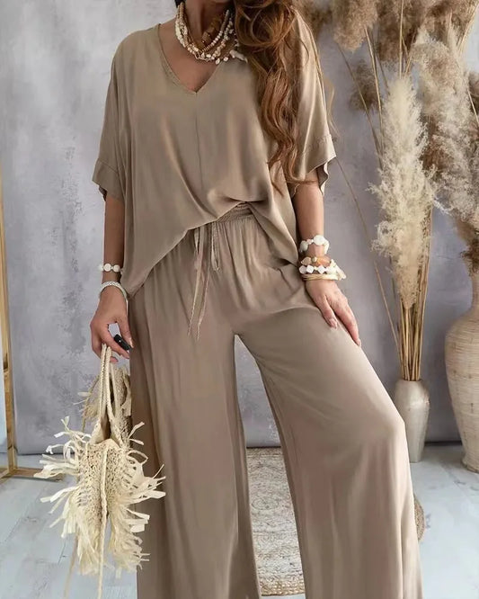 2024 Summer Long Pant Sets Two Piece Set For Women V Neck Bat Sleeve Loose Wide-leg Pants 2 Piece Set Solid Color Casual Outfits - Seprincess