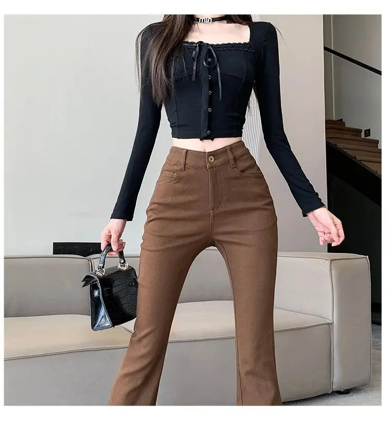 Micro-boot jeans brown buttoned design women's autumn and winter new high-waisted slim straight-leg floor mopping pants