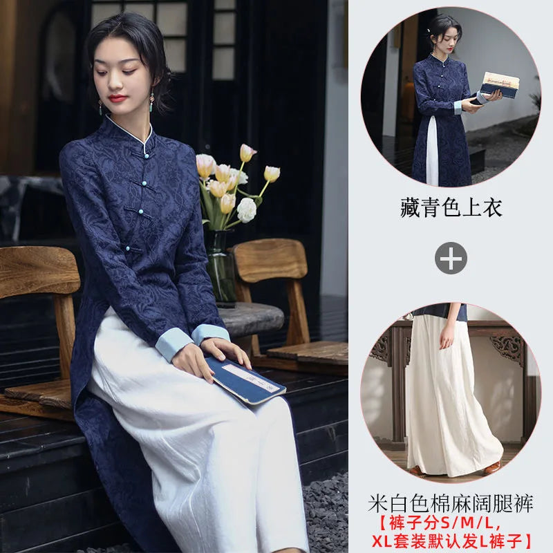 2024 Autumn New Vietnam Aodai Chinese Styles Women Floral Printing Vintage Long Dress Qipao Chinese Elegant Cheongsam Dress - Seprincess