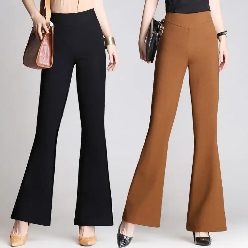 Autumn Winter Office Lady Fashion Long Flare Pants Solid High Waist Elastic Band Slim 4XL Professional Woman Wide Leg Trousers