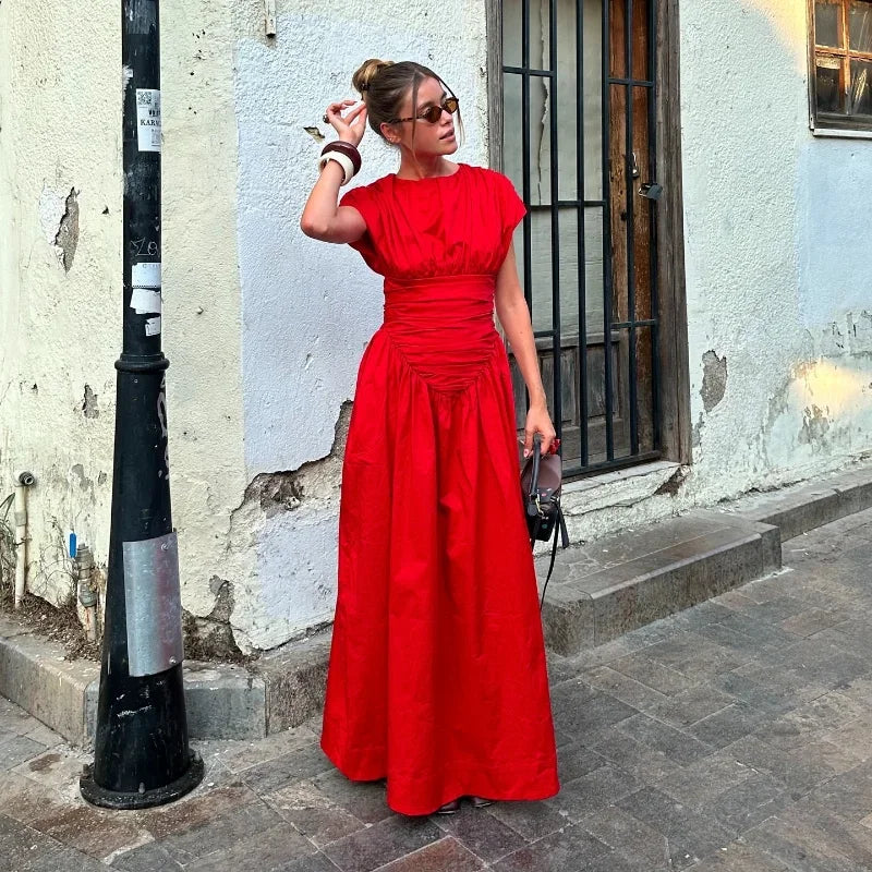 Women Red Irregular Pleated Wrap Waisted Maxi Dress Elegant O Neck Sleeveless Slim Long Dresses Chic Lady Party Street Robes - Seprincess