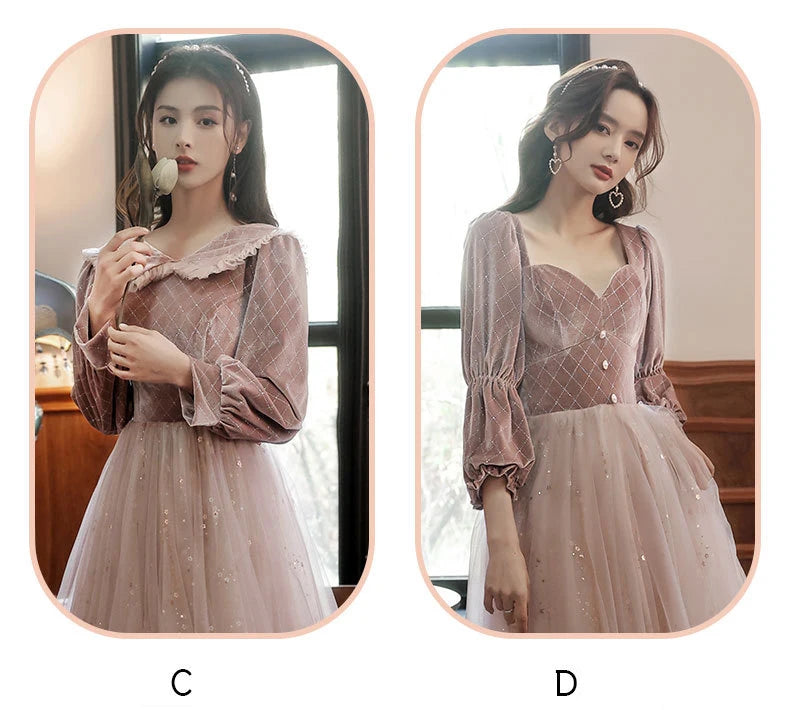 Autumn Winter Bridesmaid Dress New Women's Long Sleeve Corduroy Lace Splicing Style Dress Wedding Sisters Group Evening Dresses - Seprincess