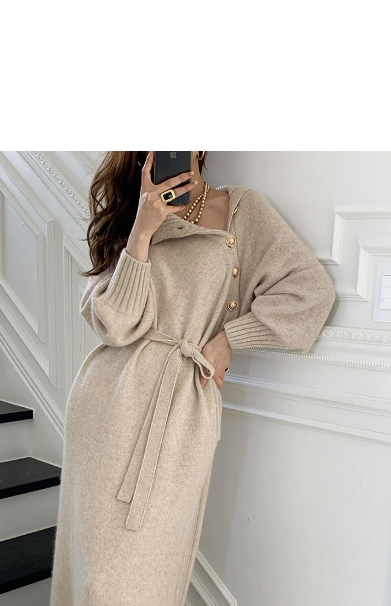 Winter Turtleneck Buttons Women Knitted Dress Elegant Full Sleeve Lace-up Female Thicken Long Dress for Sweater Autumn New - Seprincess