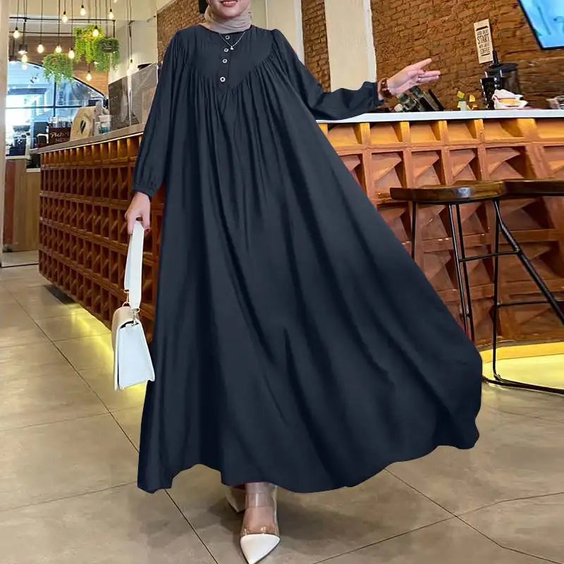 ZANZEA Islamic Dubai Hijab Dresses Autumn Muslim Dress Abaya Women Oversize Sundress Fashion Long Lantern Sleeve Maxi Vestidos - Seprincess