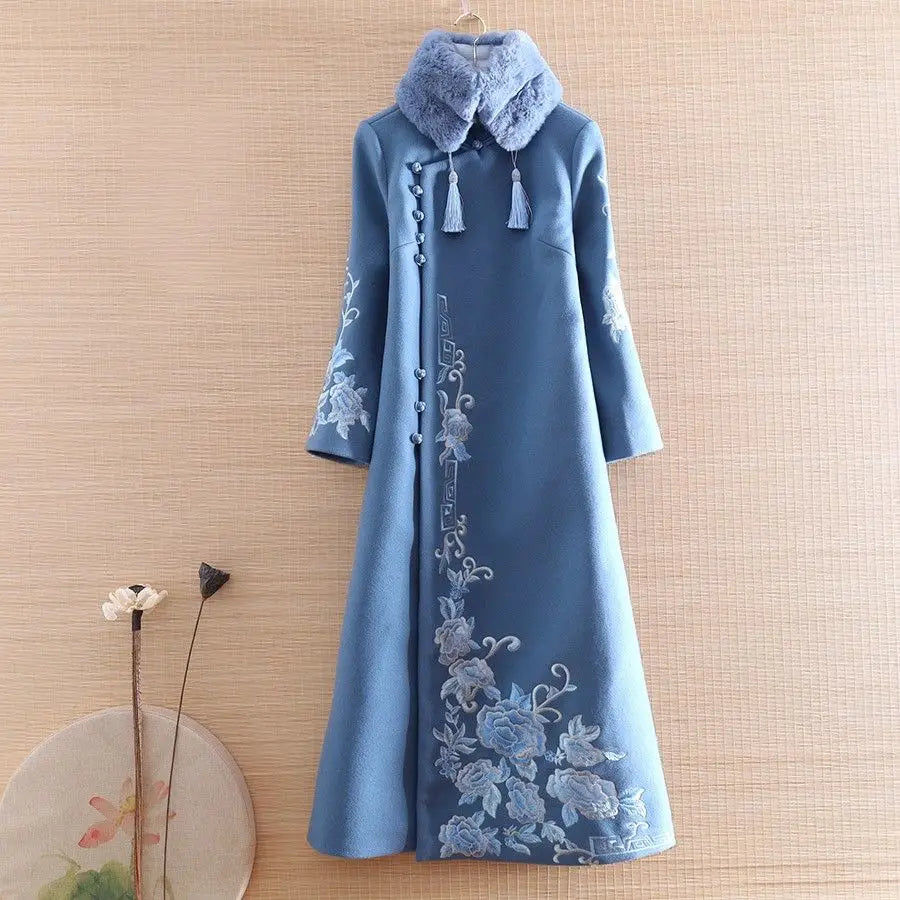 2024 chinese style improved qipao woolen dress autumn winter new improved women cheongsam dress daily floral hanfu dress - Seprincess