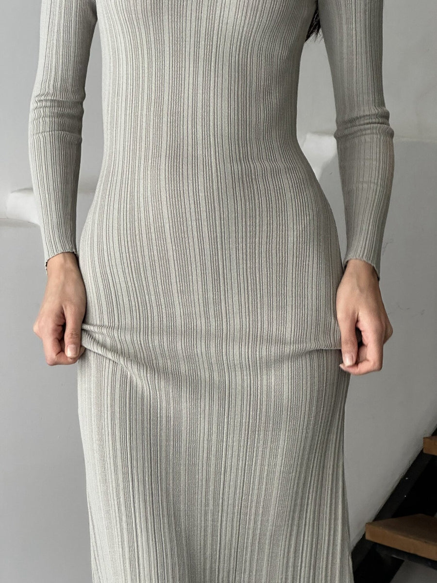 Women Spring Autumn Solid Color Bodycon Knit Dress Long Sleeve Crew Neck Ribbed Dress Slim Fit Long Dress - Seprincess