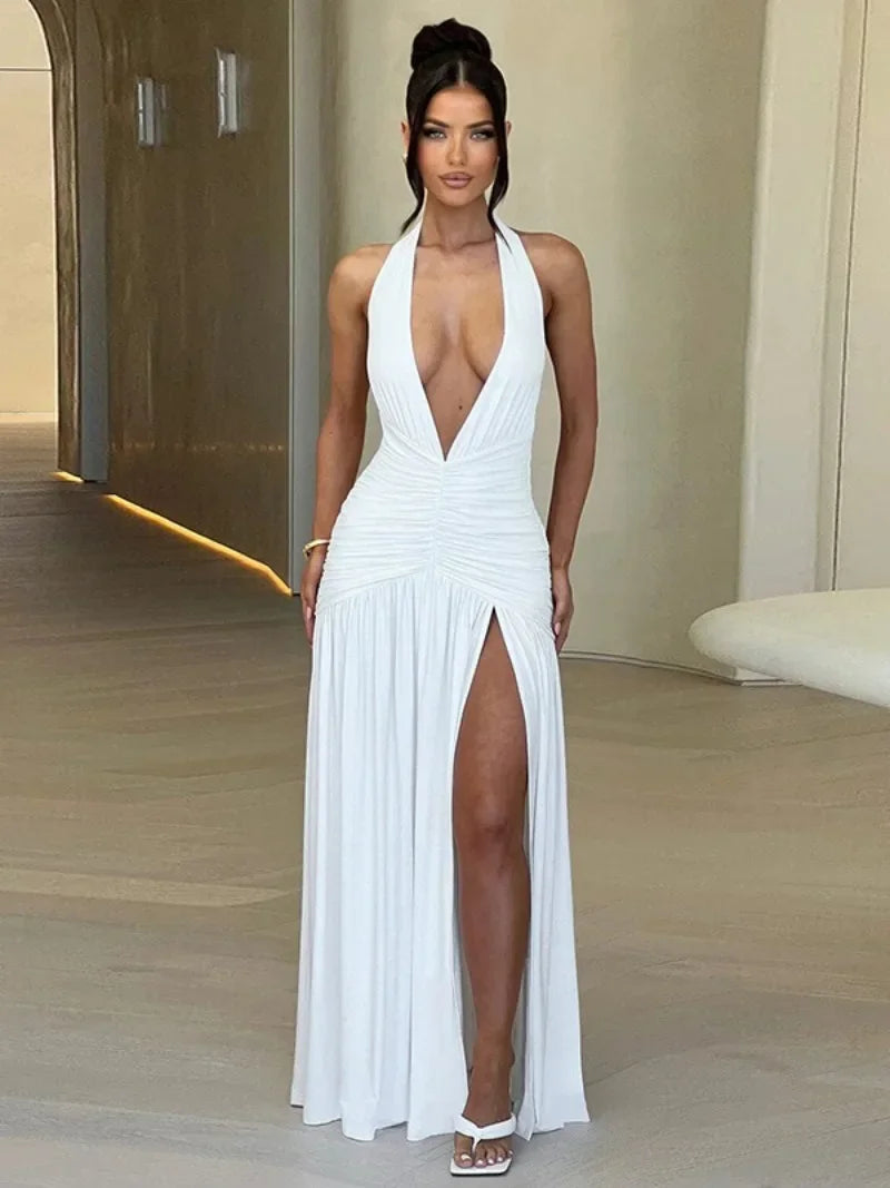 Women's Summer Deep V-neck High Waist Folds Long Dress Halter Neck Bandage Backless Tunics Split White Party Evening Dresses - Seprincess