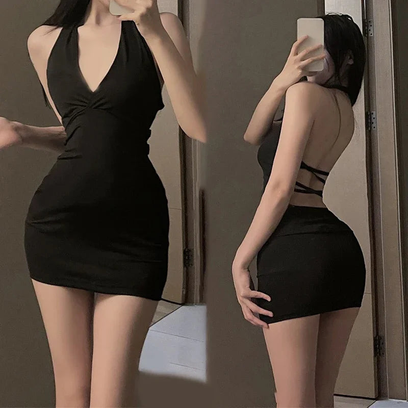 Women Sexy Halter Backless Slim V-neck Wrap Black Party Night Mini Dress - Seprincess