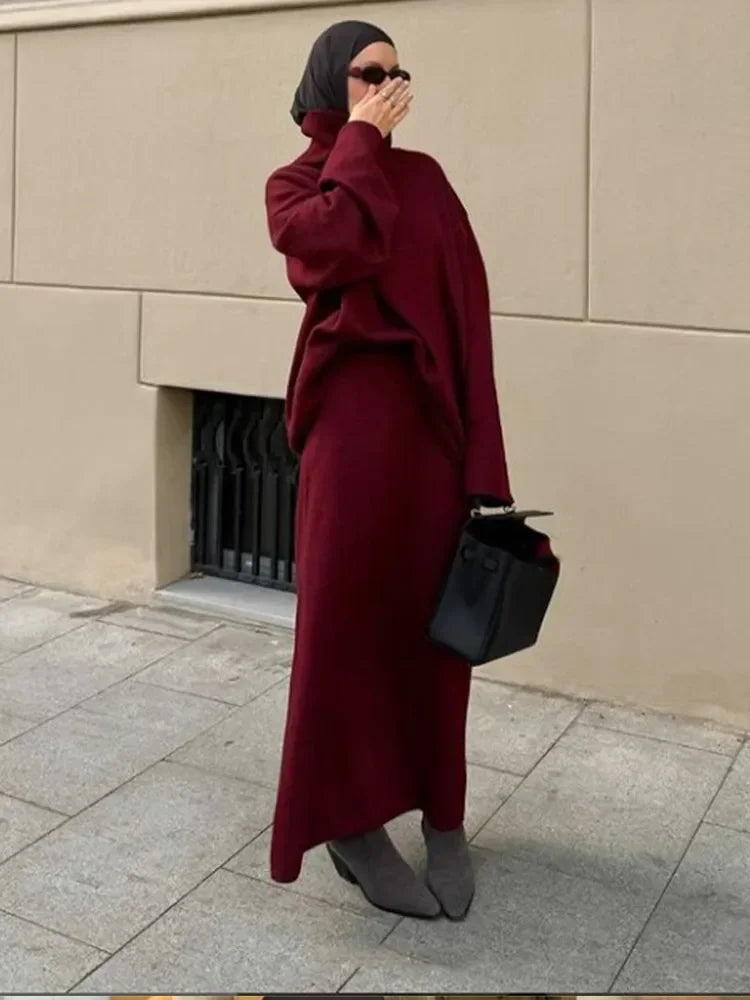 ﻿ Autumn Fashion Burgundy Red High Collar Knitted Set Women Solid Full Sleeve Long Skirt Outfit New Winter High Street Lady Suit - Seprincess