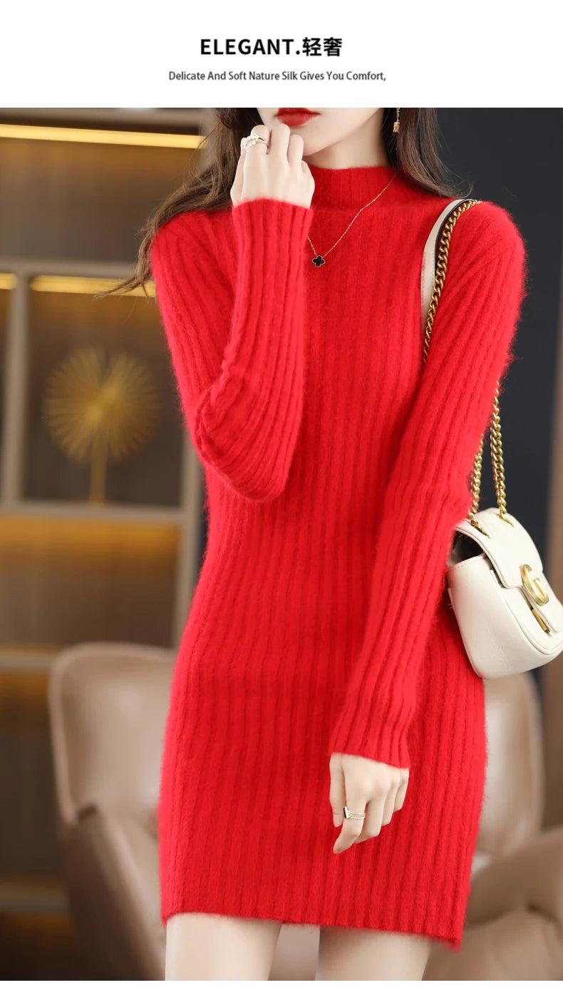 Women's High Collar Winter Warm Long Sleeve Solid Mink Cashmere Korean Version Loose Luxury Soft Cashmere Knitted Fit Dress