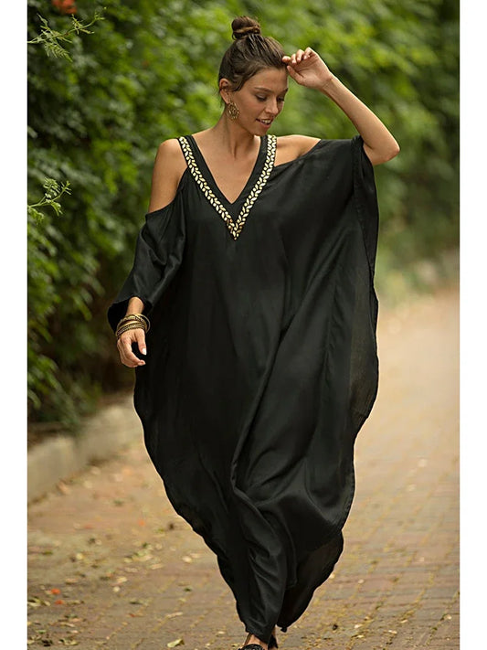 Fitshinling V Neck Backless Open Shoulder Sexy Beach Cover-Ups Swimwear Women Long Dress Female Clothing Boho Summer Loose Pareo - Seprincess