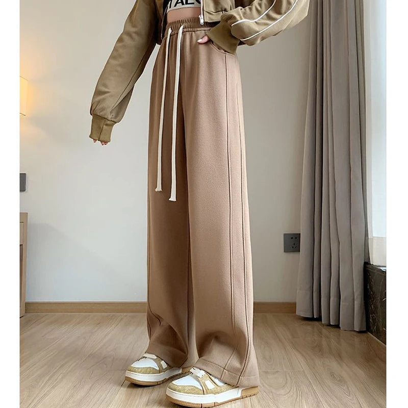 2024 Women High Waisted Leisure Loose Pants Girls Casual Straight Leg Slacks Female Baggy Light Grey Khaki Beige Black Trousers