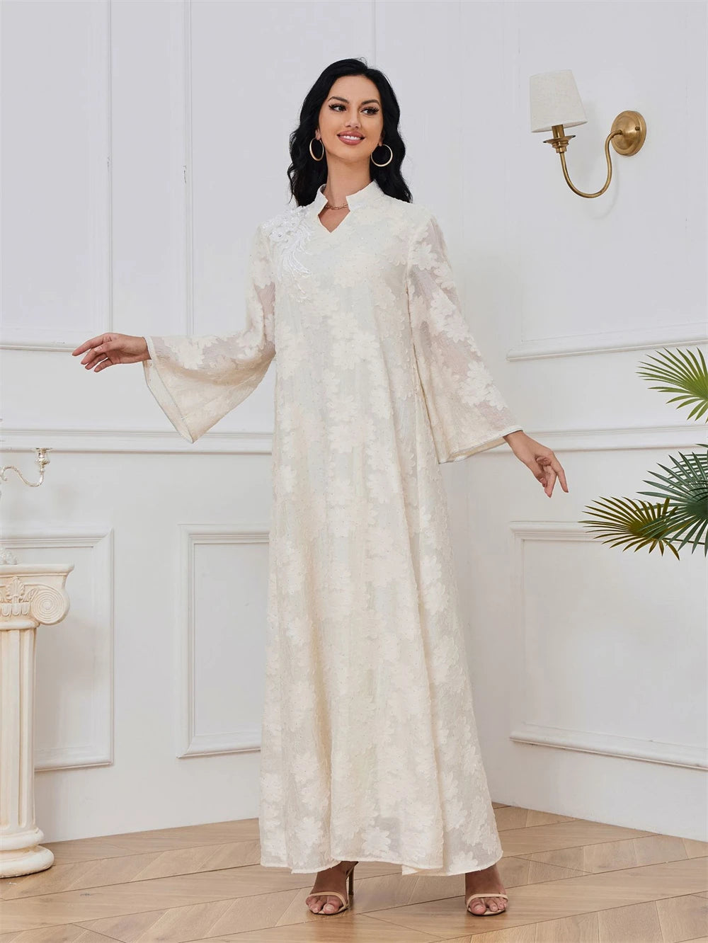 Exquisite Lace Formal Dress Muslim Style Kaftan Women's Dresses with Floral Appliques A Line Long Arabic Robe Cheap Dresses - Seprincess