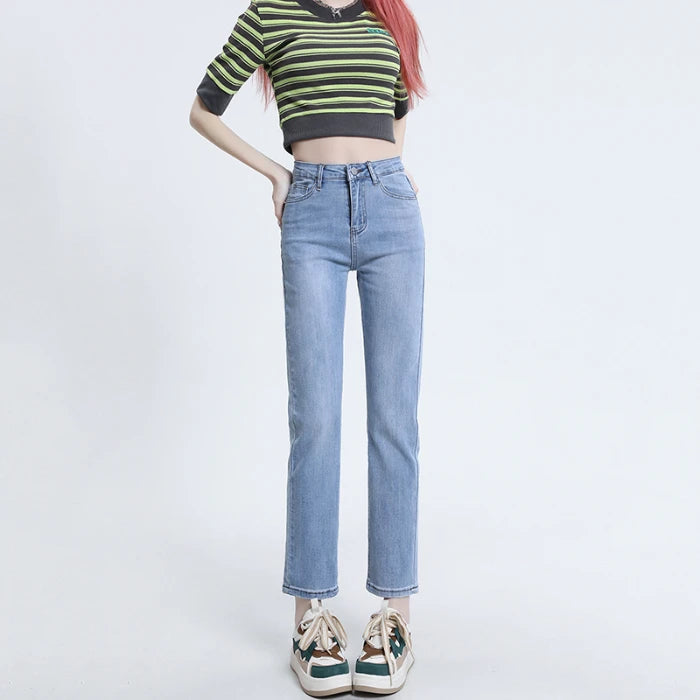 High Waisted Straight Slim Elastic Denim Jeans For Women Smoke Pipe 9,8 Pants Casual Brand Sexy Trousers Female