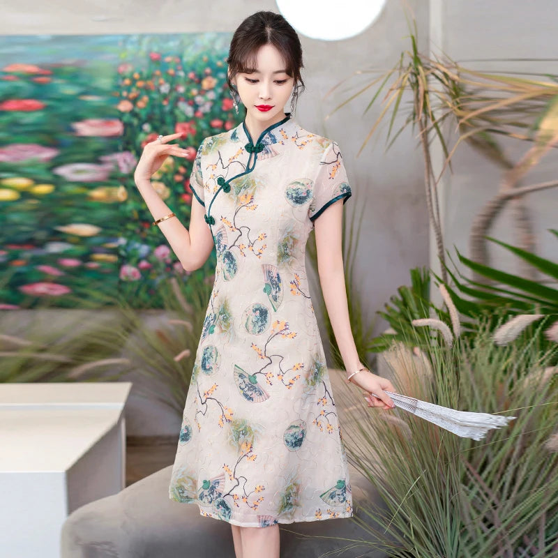 Fashion Modern Chinese Cheongsam A-line Dress Women Short Sleeve Qipao Traditional Chinese Clothes - Seprincess