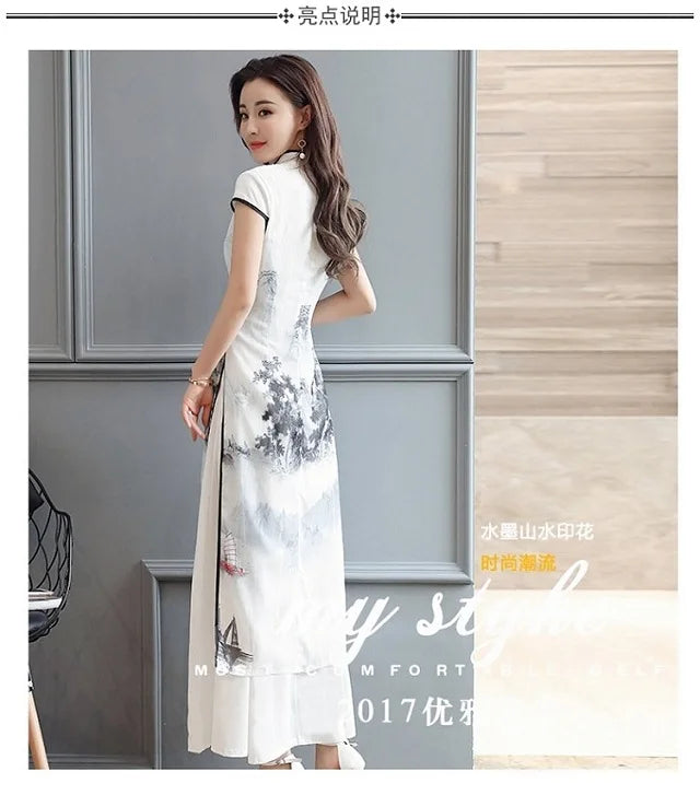 Women Chinese Traditional Hanfu Landscape Painting Cheongsam White Dance Dress Qipao Chiffon Robe Vintage Chinese Style Dresses - Seprincess