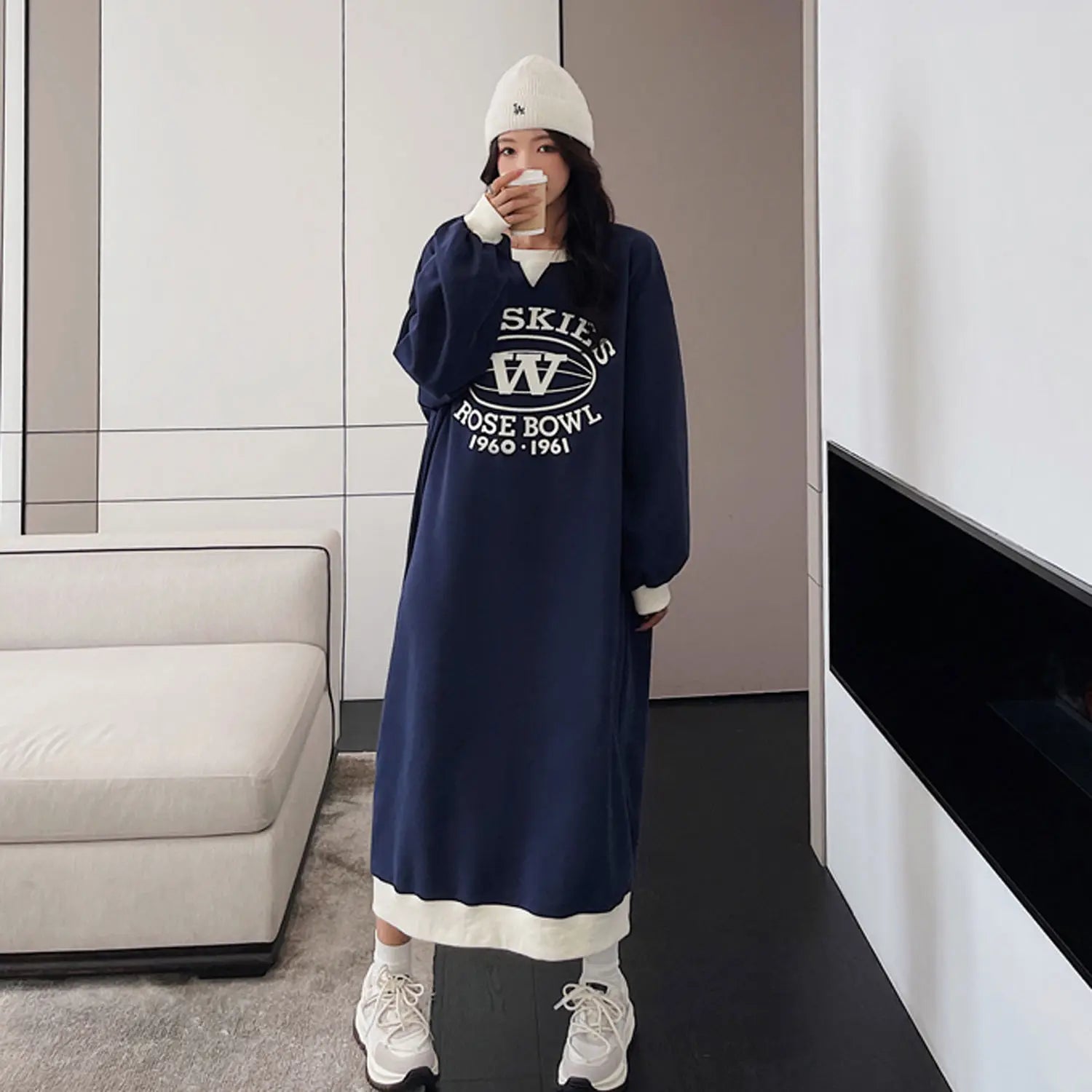 2023 New O-neck Pullovers Autumn Winter Thin Fashion Loose Long Dress Streetwear Dresses Printing Young Style Women's Clothing - Seprincess