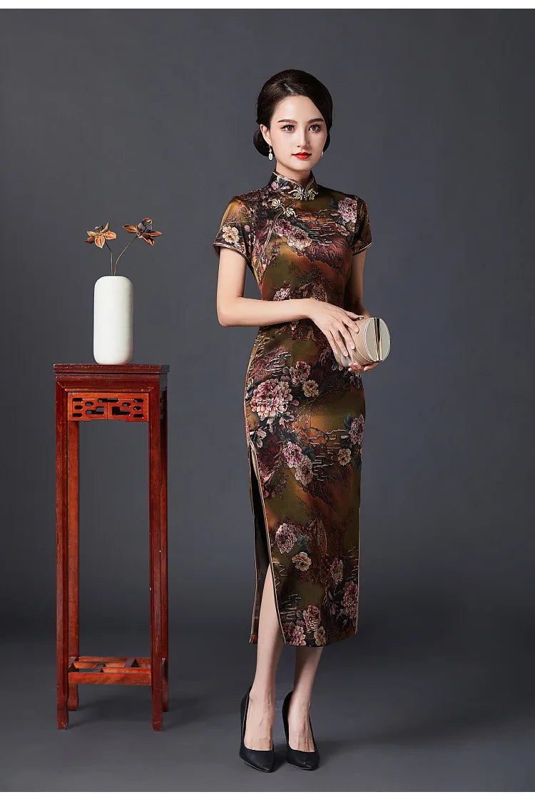 2023 New Vintage Long Cheongsam Women Sexy Slim Split Qipao Classic Chinese Traditional Dress Print Flower Evening Party Dress - Seprincess