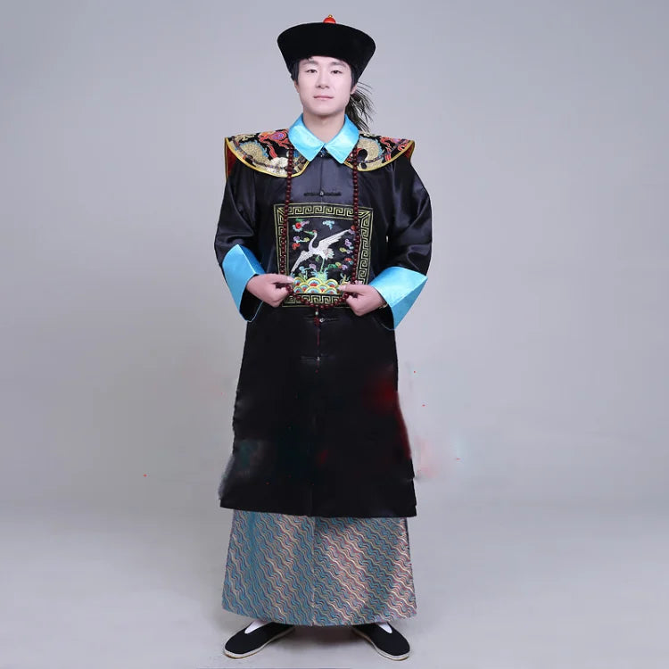 Ancient Black Military Official Civil Official Uniform Qing Dynasty Ancient Clothes Men's Cheongsam Sent Hat Buddha Beads Shawl - Seprincess