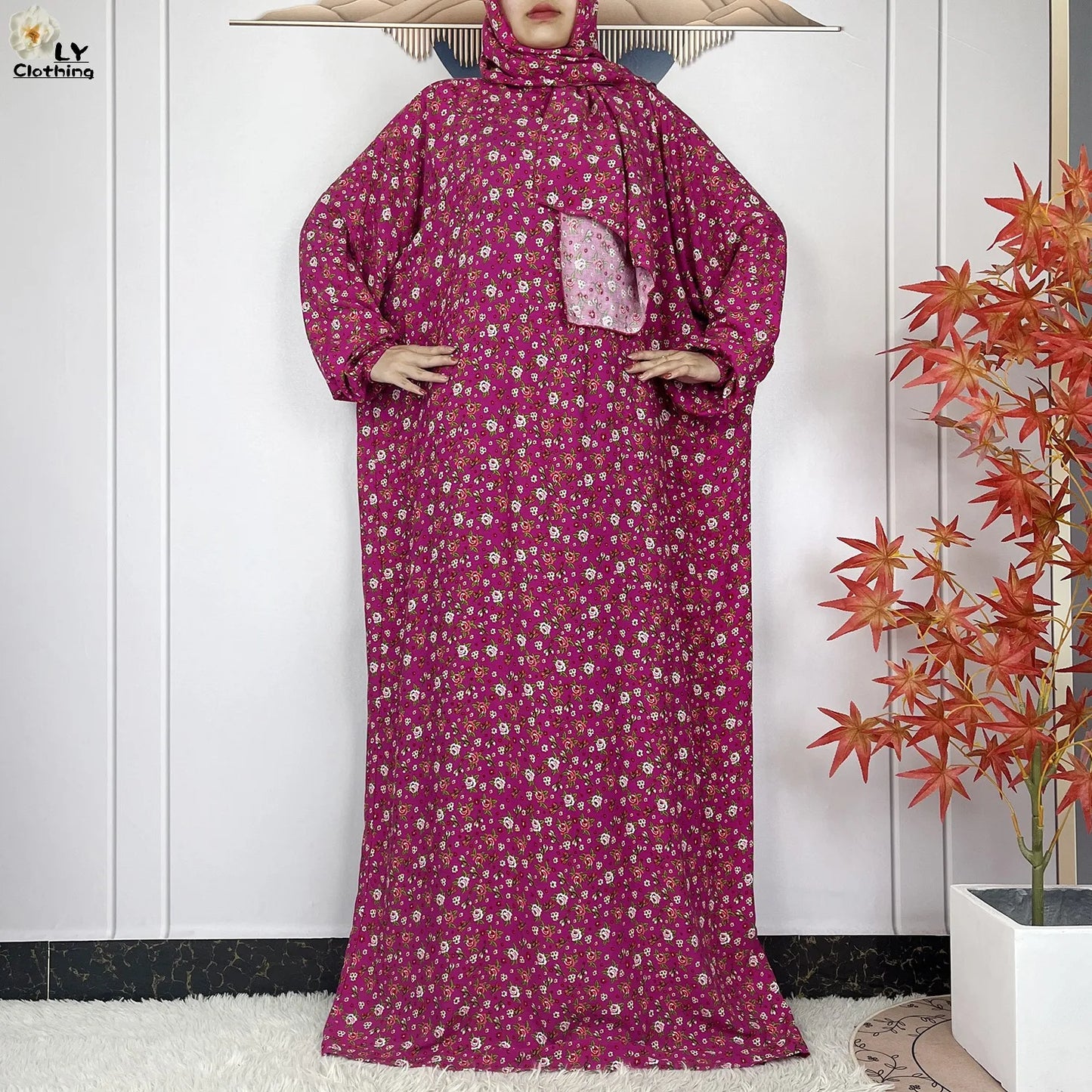 2024Latest Muslim Abayas For Women Ramadan Prayer Maxi Dubai Turkey Femme Cotton Robe Floral Loose African Dress Turban Attached